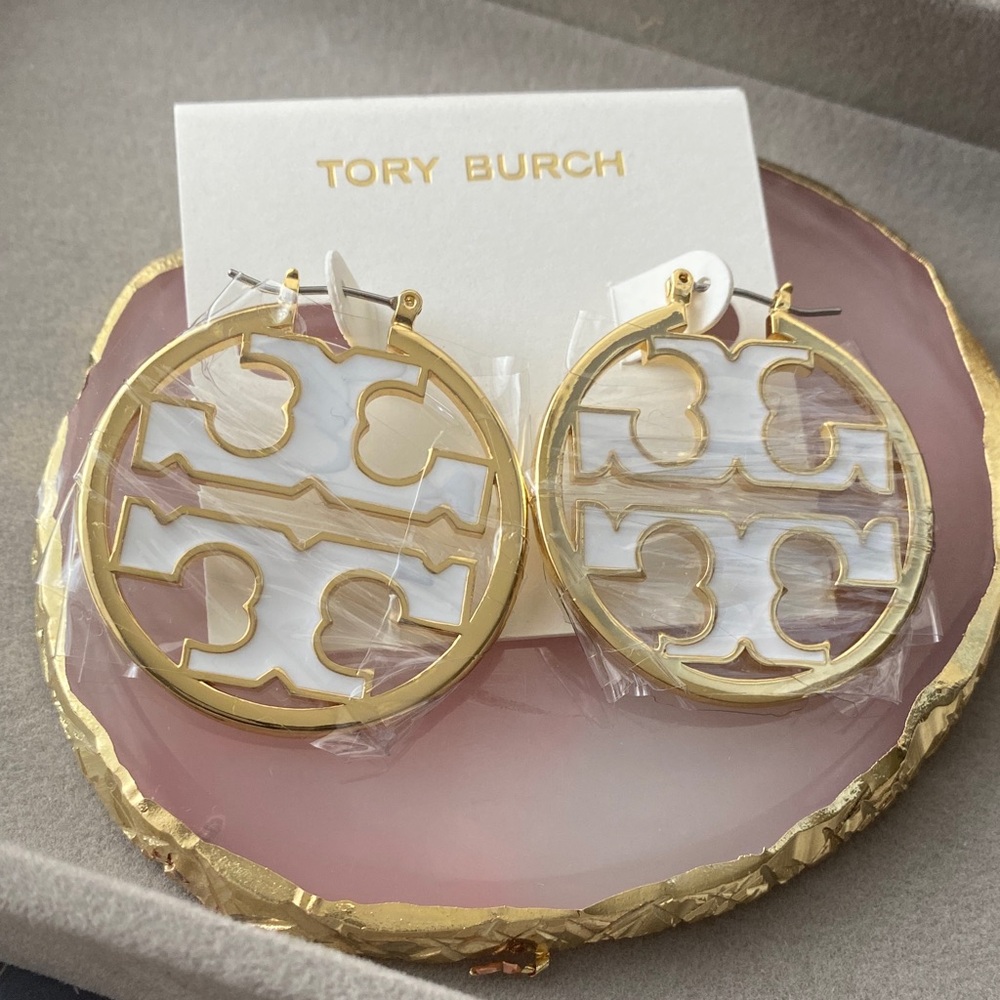 Tory Burch Gold and White Statement Earrings